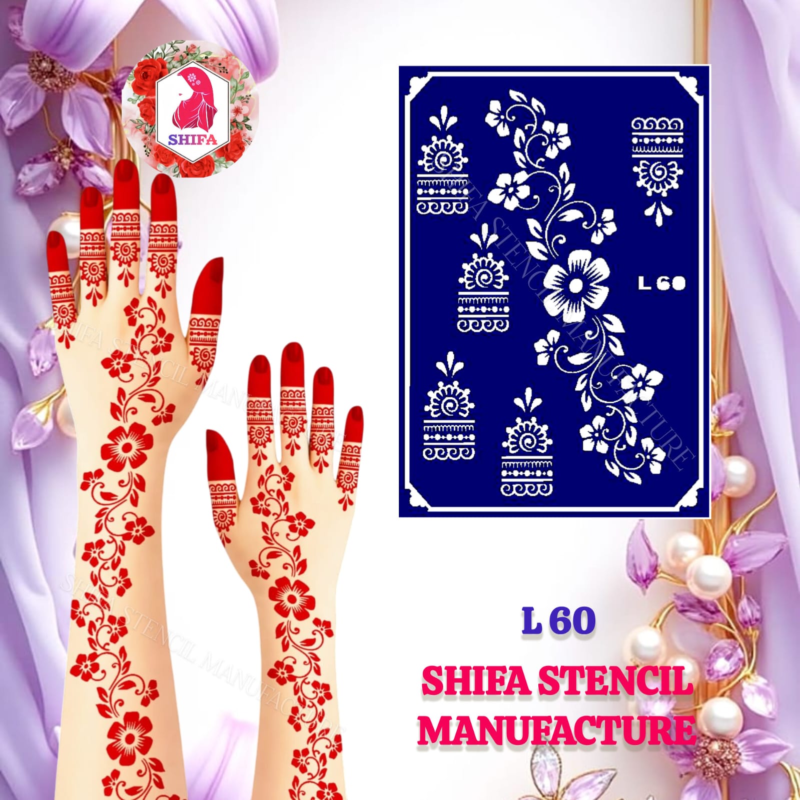L60 Perfect Floral Curls Arabic Design  - Sticker Overview  - Shifa Stencil Manufacturer
